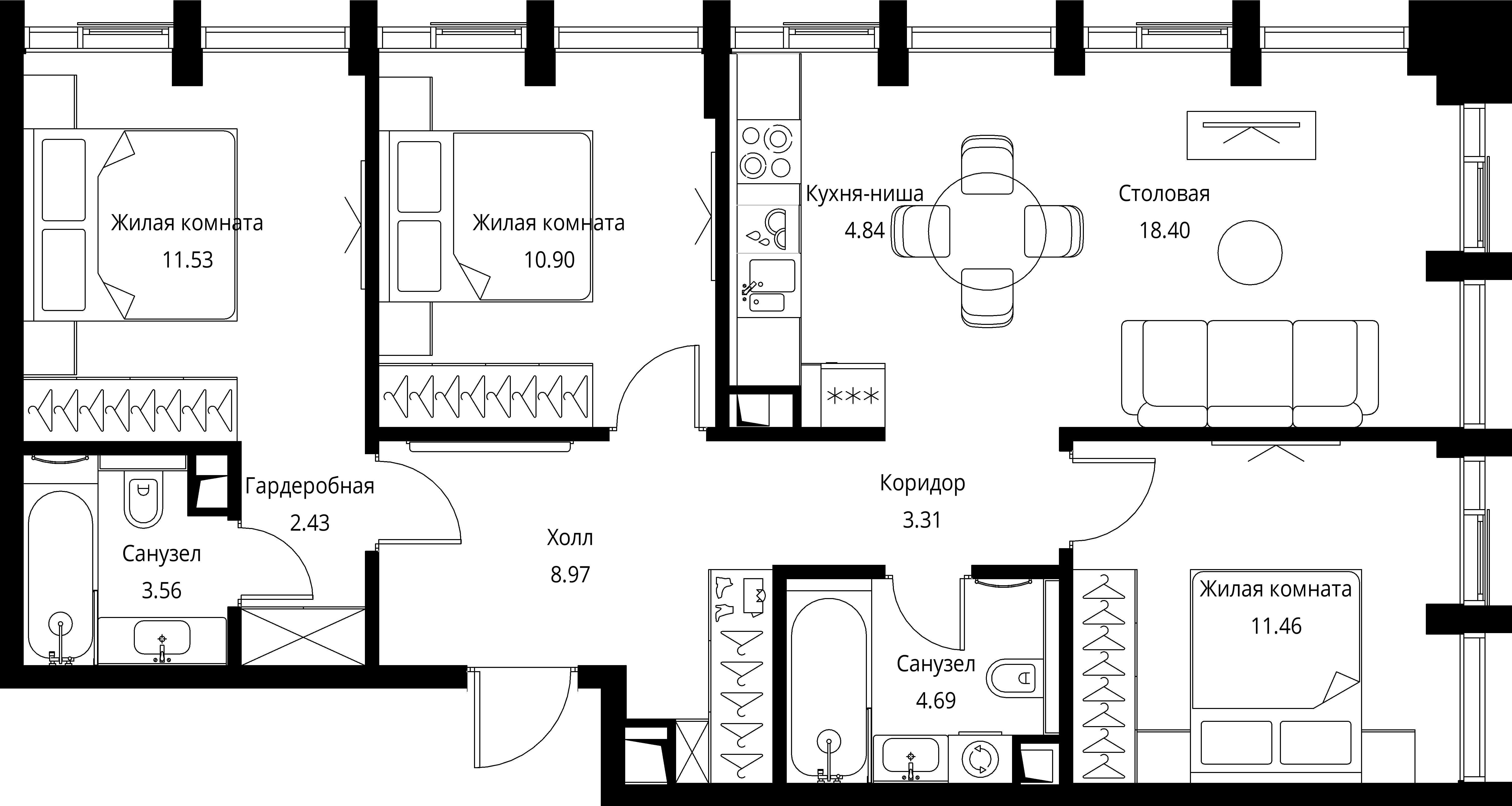 3 комн. квартира, 80.1 м², 13 этаж 