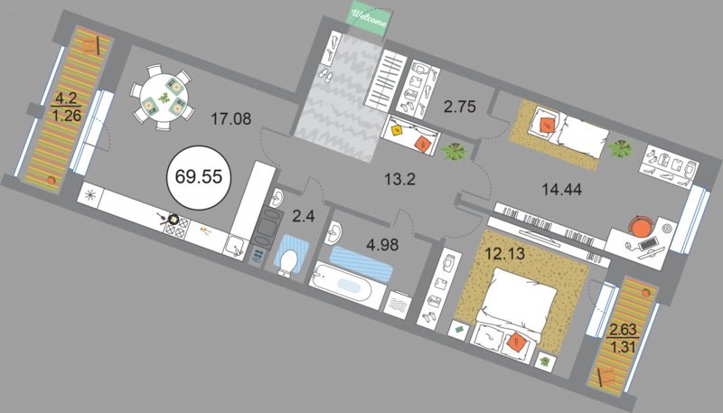 2 комн. квартира, 69.5 м², 3 этаж 