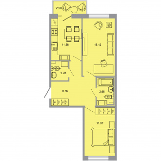 2 комн. квартира, 53.7 м², 7 этаж 