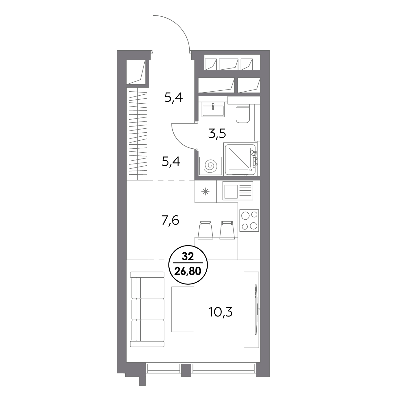 студия, 26.8 м², 7 этаж 