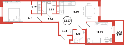 2 комн. квартира, 62.6 м², 8 этаж 