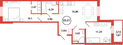 2 комн. квартира, 63 м², 2 этаж 