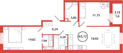 2 комн. квартира, 63.1 м², 5 этаж 