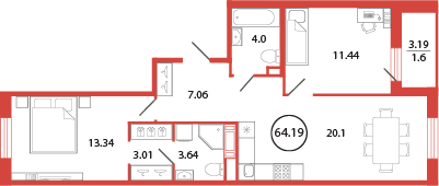 2 комн. квартира, 64.2 м², 3 этаж 