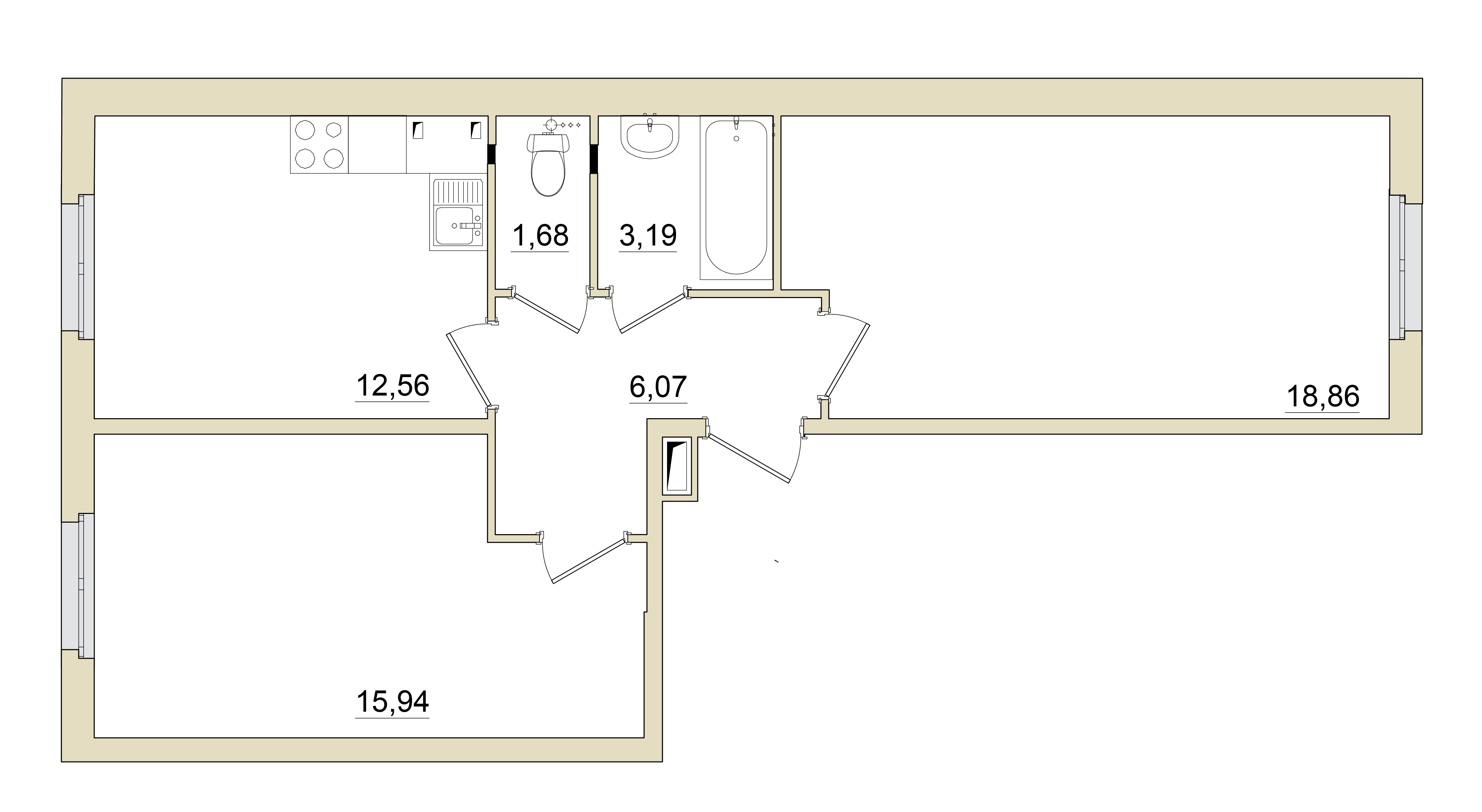 2 комн. квартира, 59.5 м², 1 этаж 