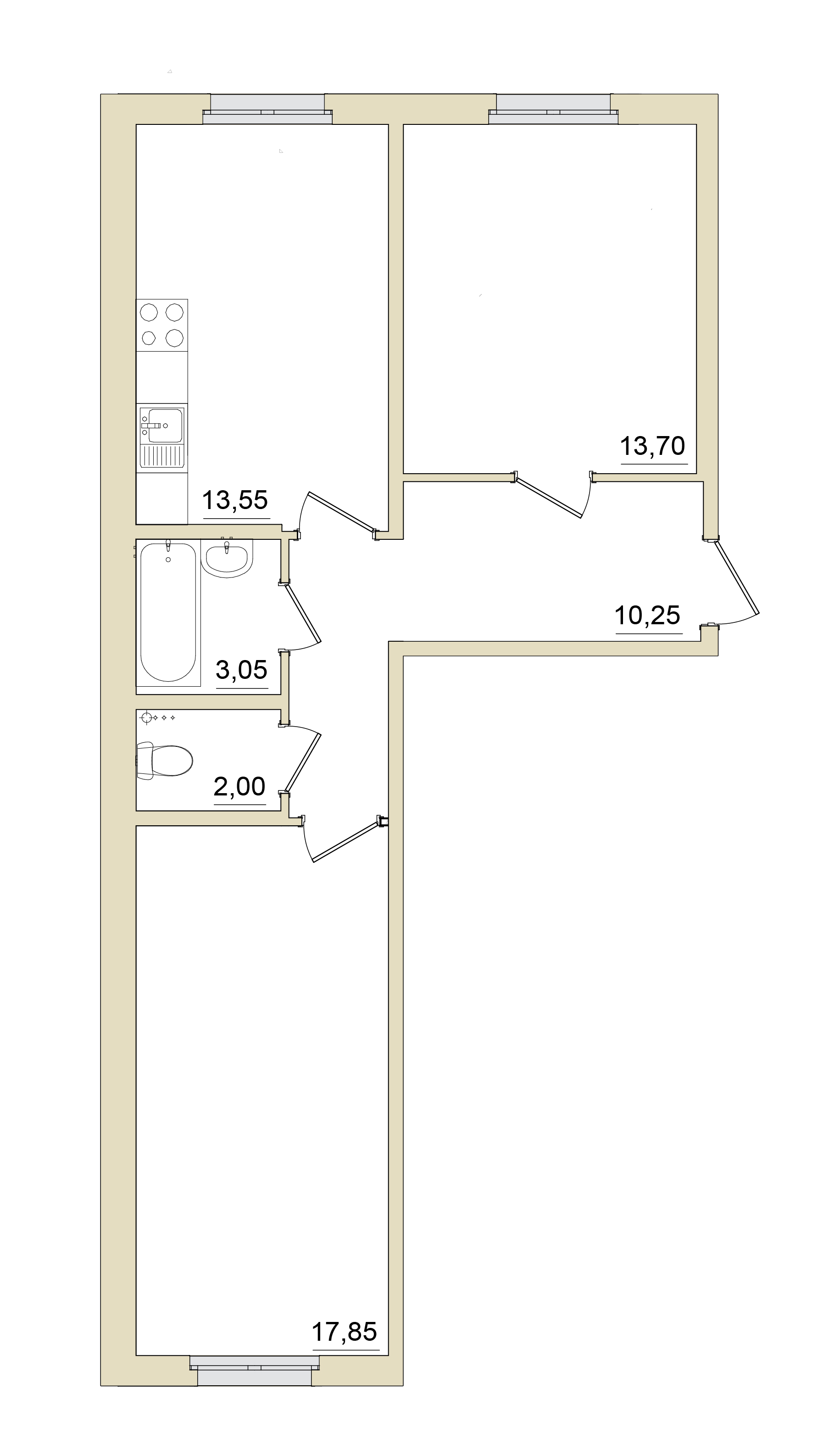 2 комн. квартира, 60.7 м², 1 этаж 