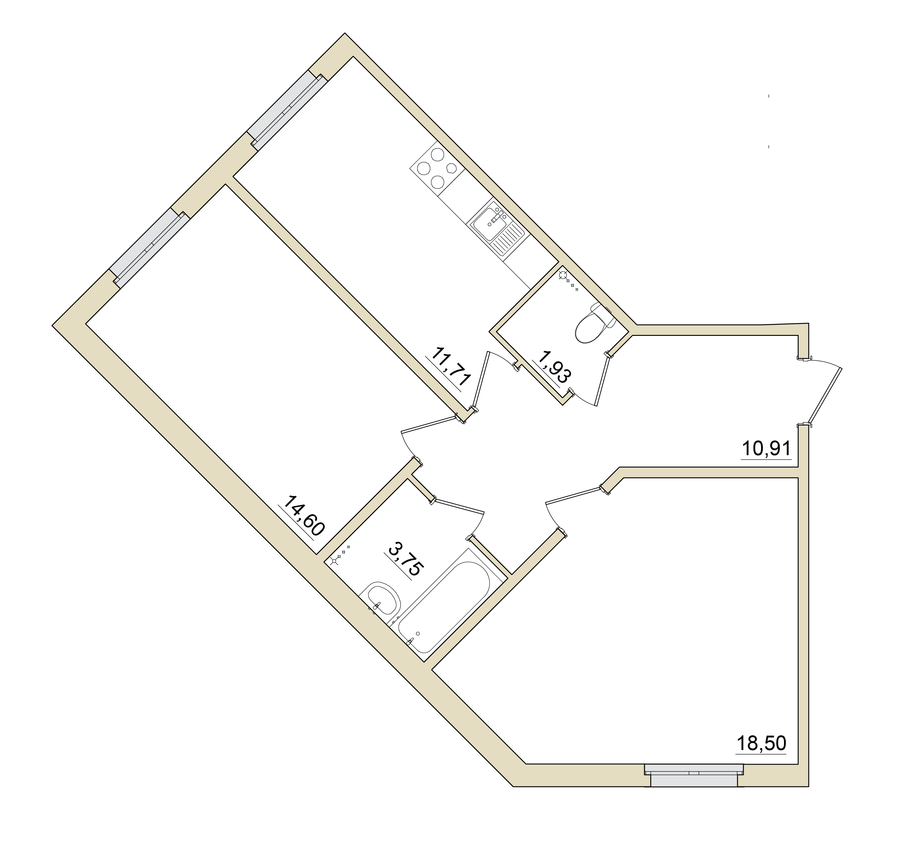 2 комн. квартира, 62.5 м², 1 этаж 