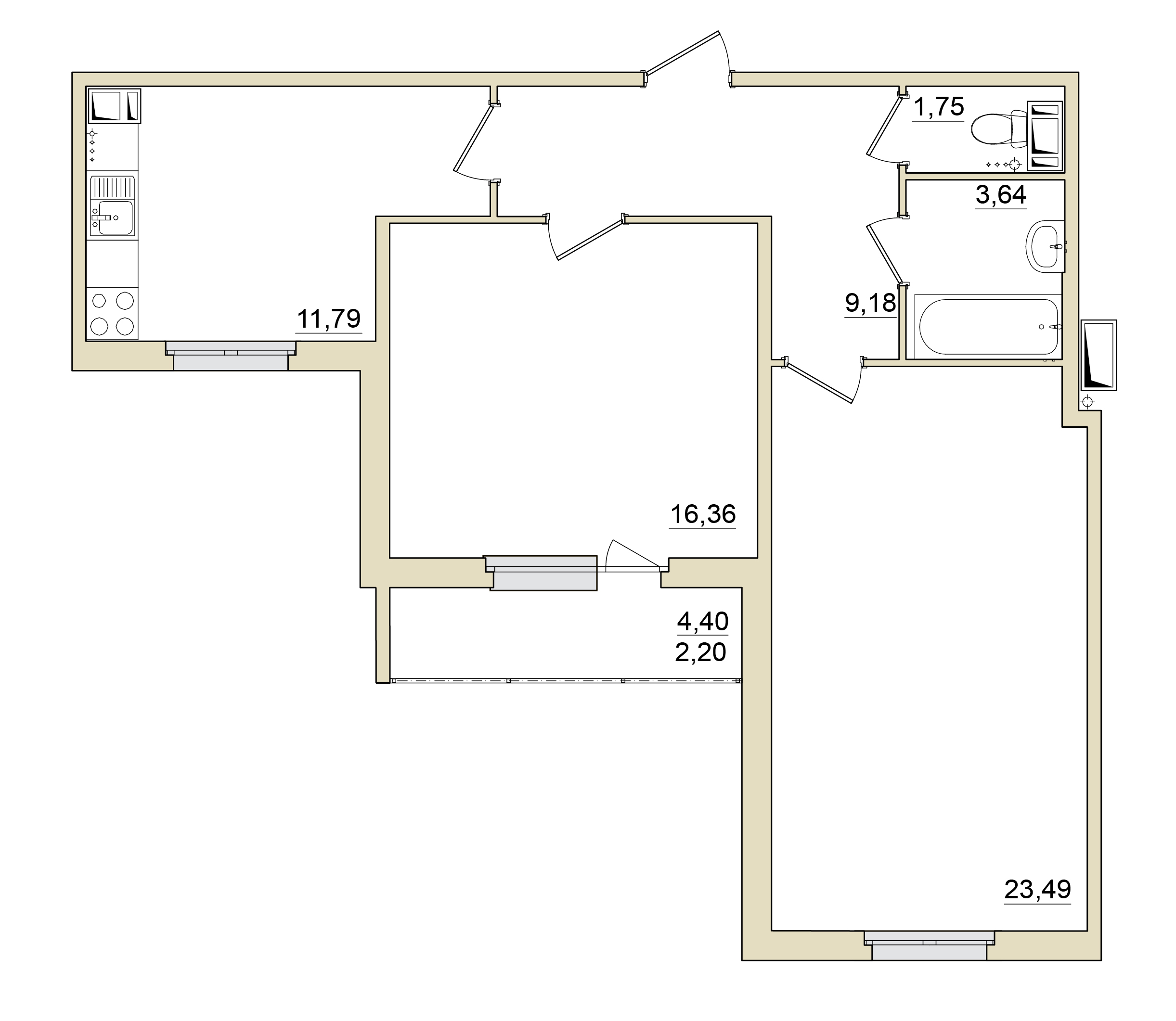 2 комн. квартира, 69 м², 4 этаж 