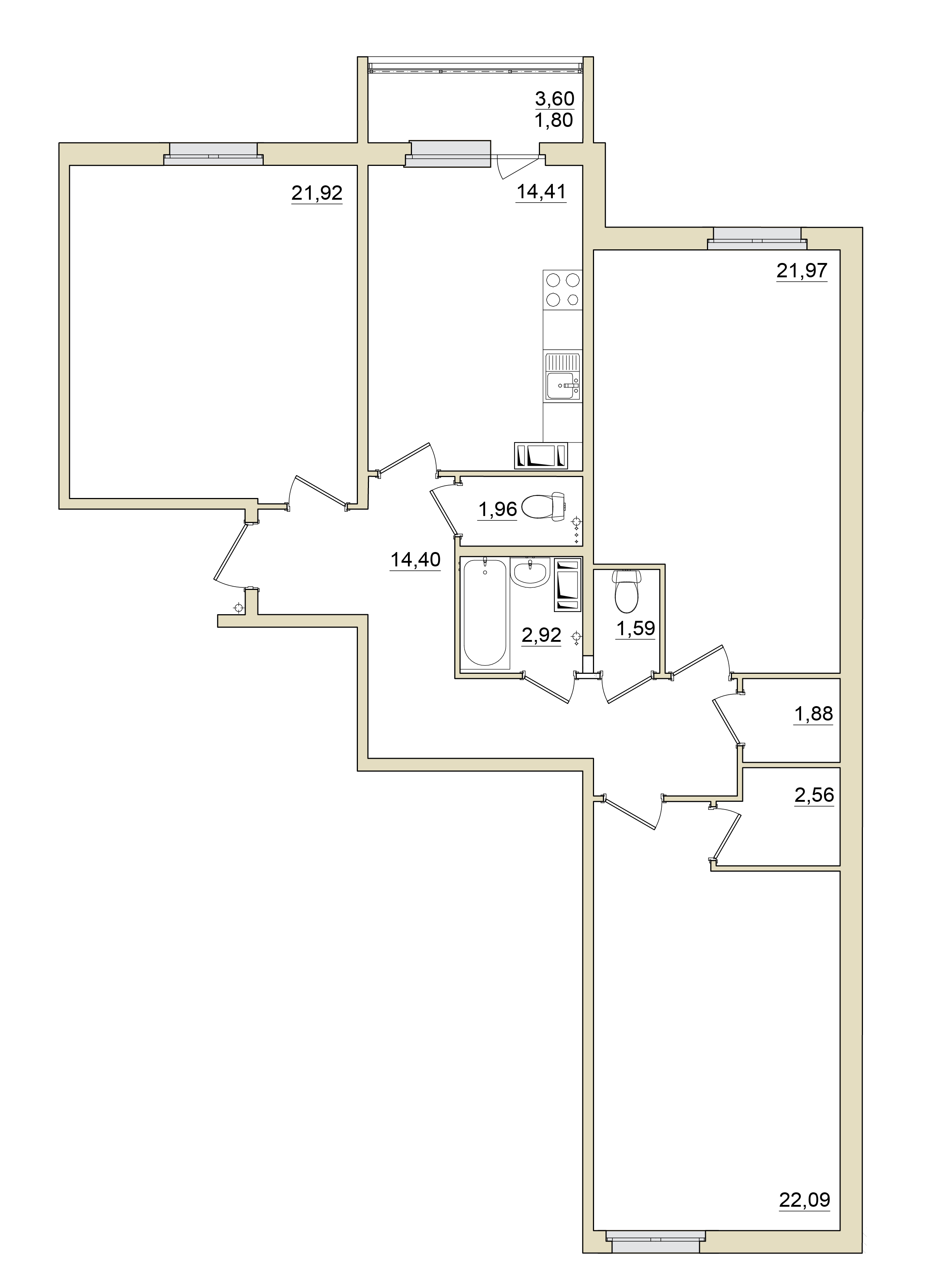 3 комн. квартира, 108.8 м², 5 этаж 