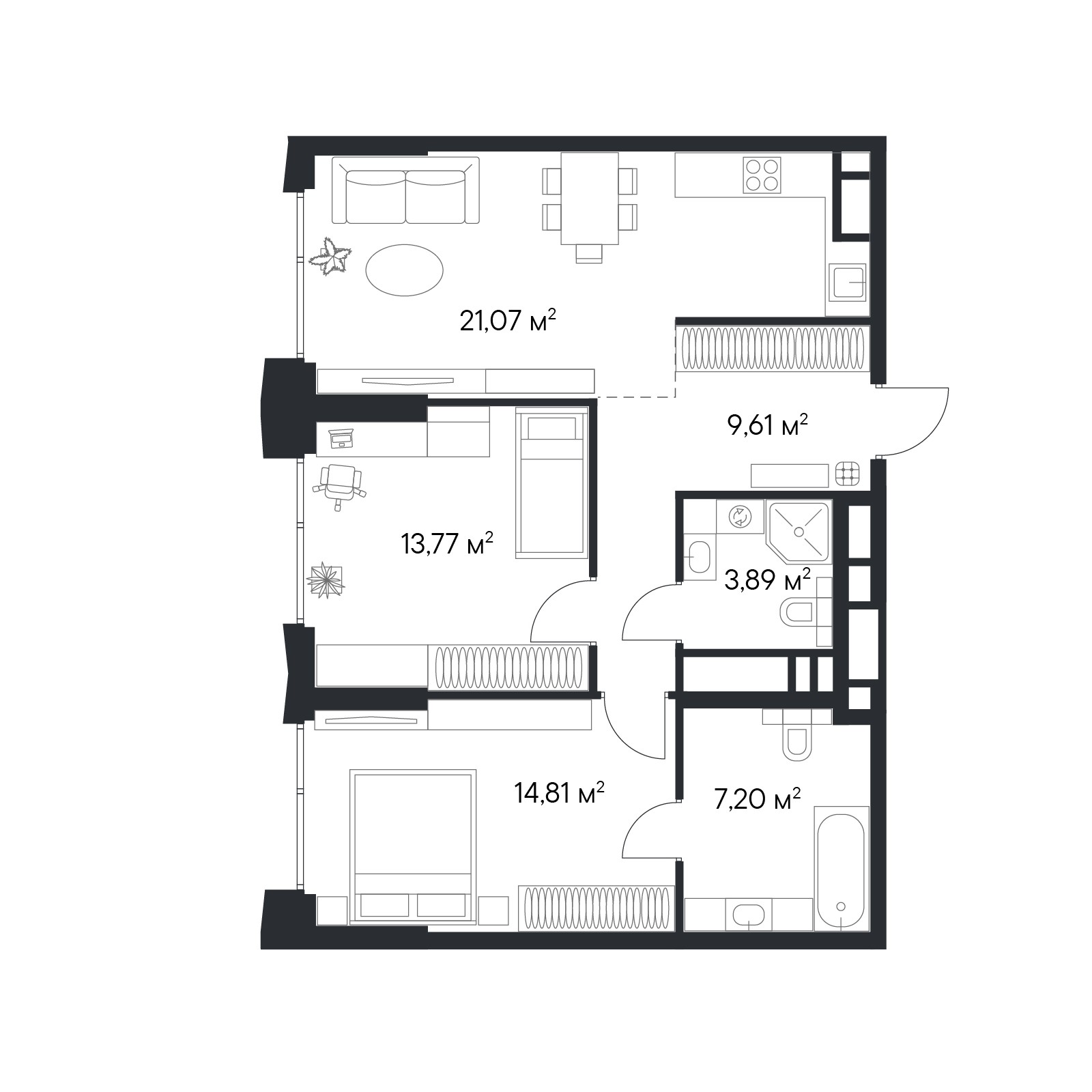 2 комн. квартира, 70 м², 24 этаж 