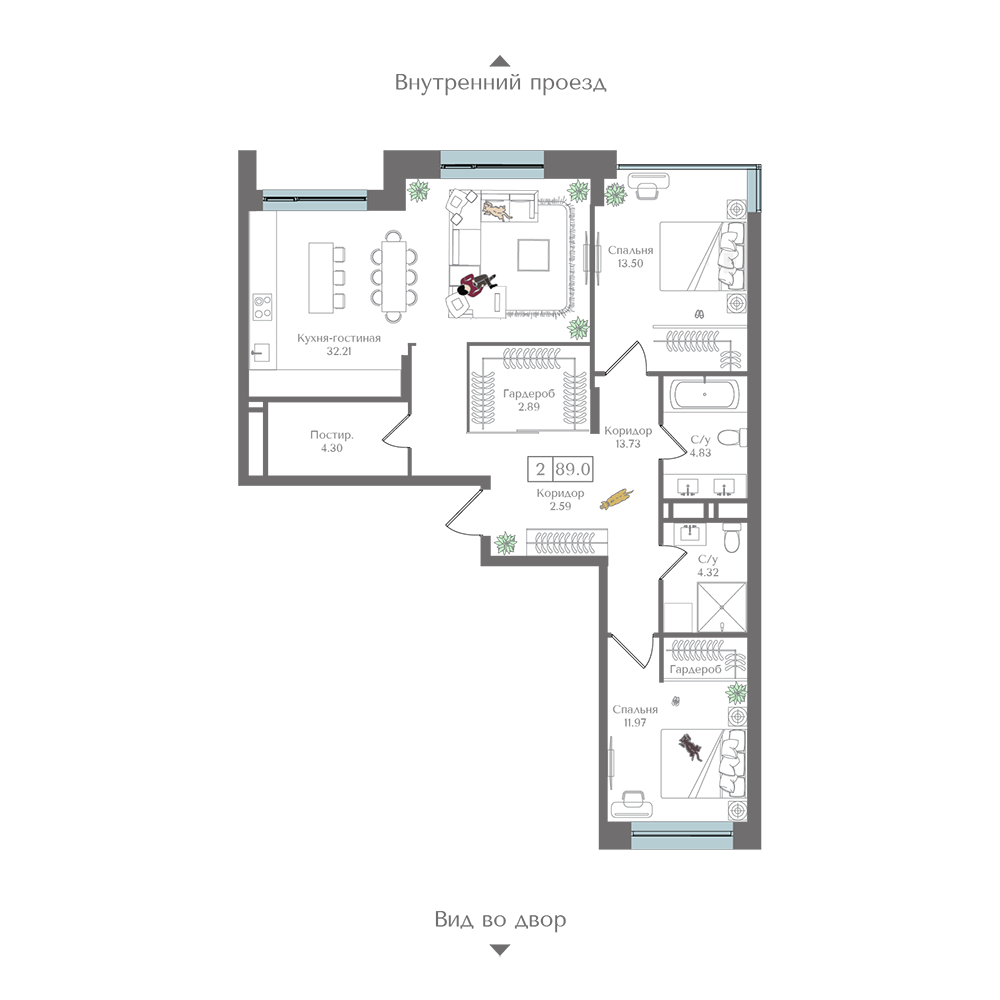 3 комн. квартира, 89 м², 8 этаж 