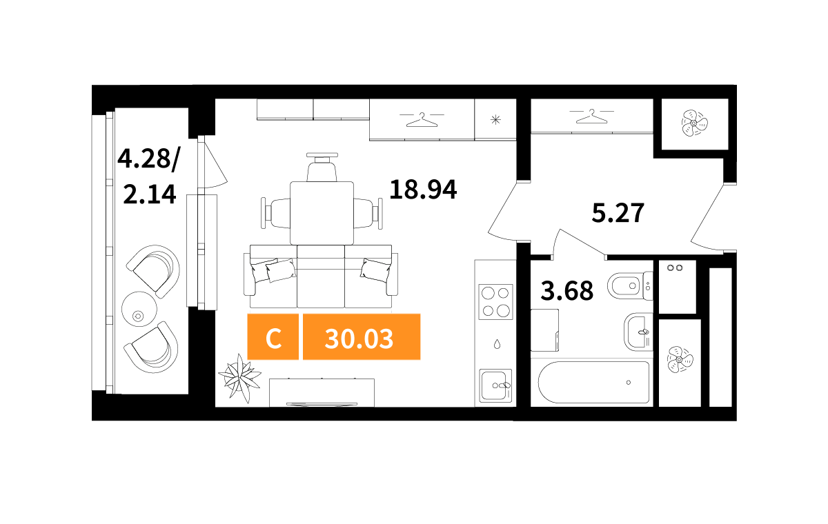 студия, 30 м², 9 этаж 