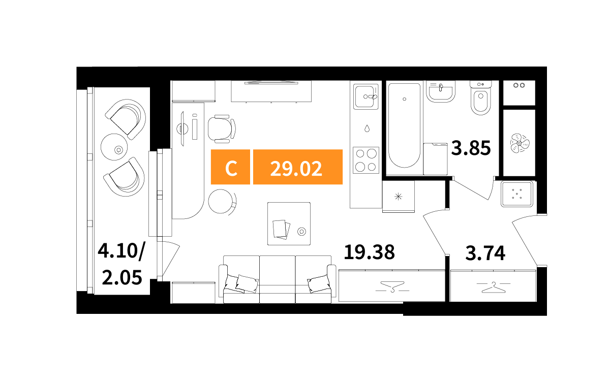 студия, 29 м², 2 этаж 
