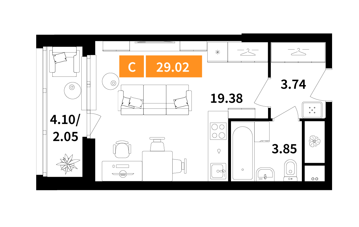 студия, 29 м², 2 этаж 