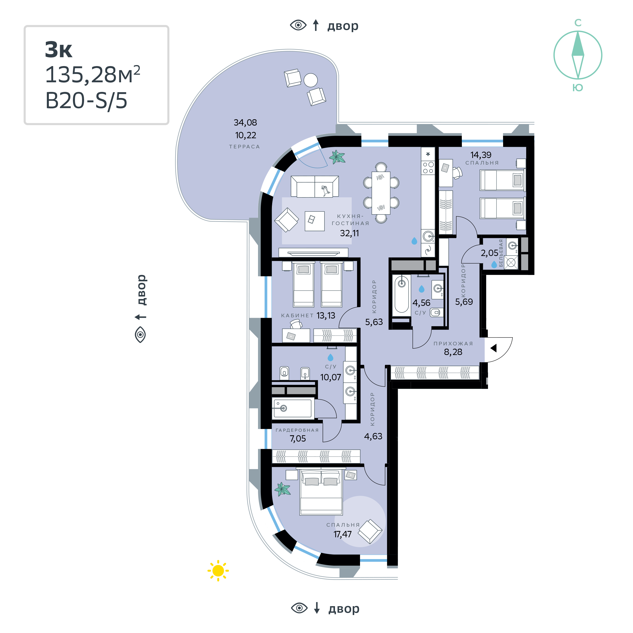 3 комн. квартира, 135.3 м², 1 этаж 