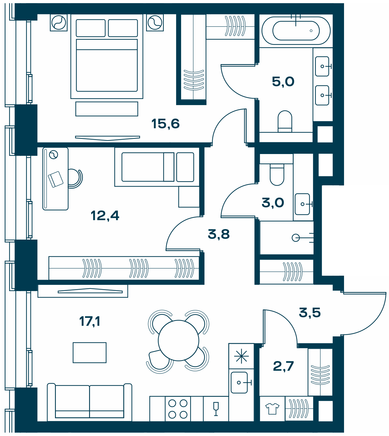 2 комн. квартира, 64.6 м², 19 этаж 