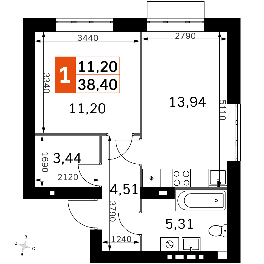 1 комн. квартира, 38.4 м², 3 этаж 