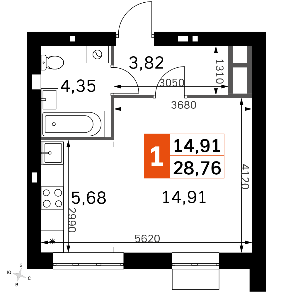 студия, 28.8 м², 2 этаж 