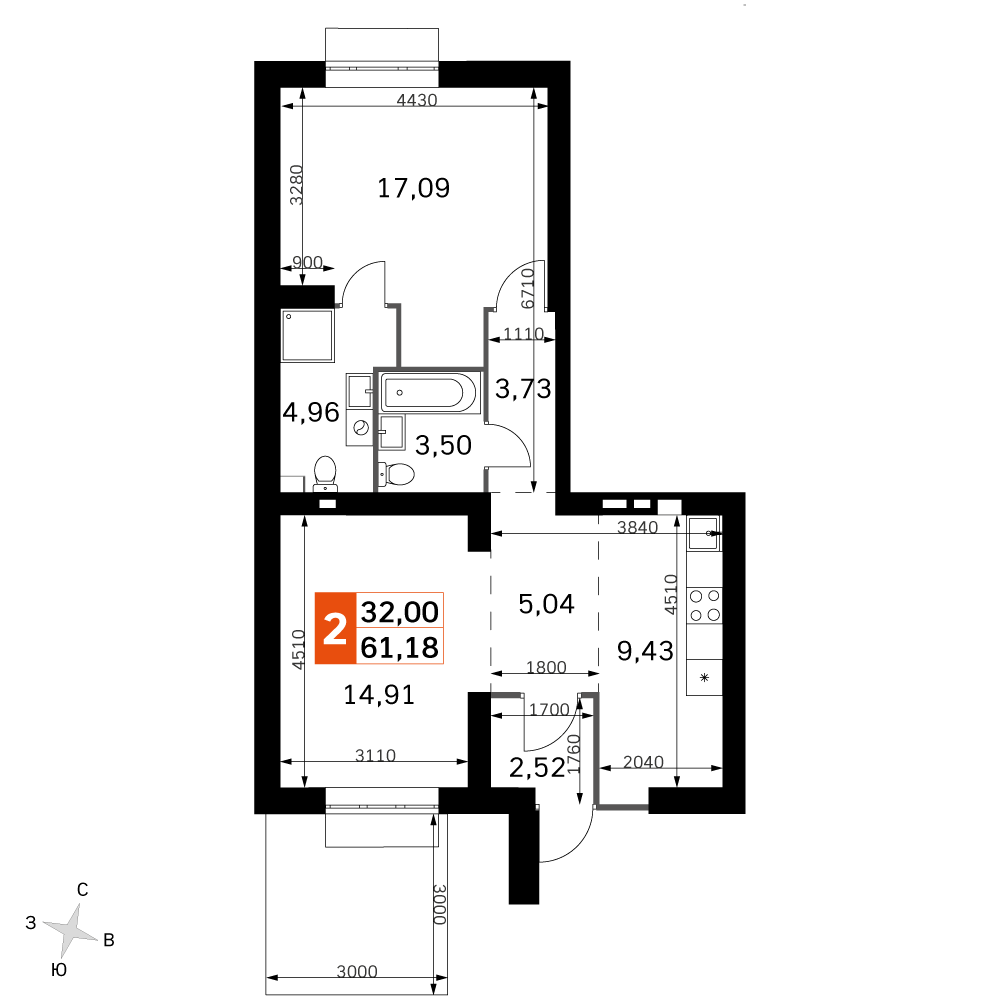 2 комн. квартира, 61.2 м², 1 этаж 
