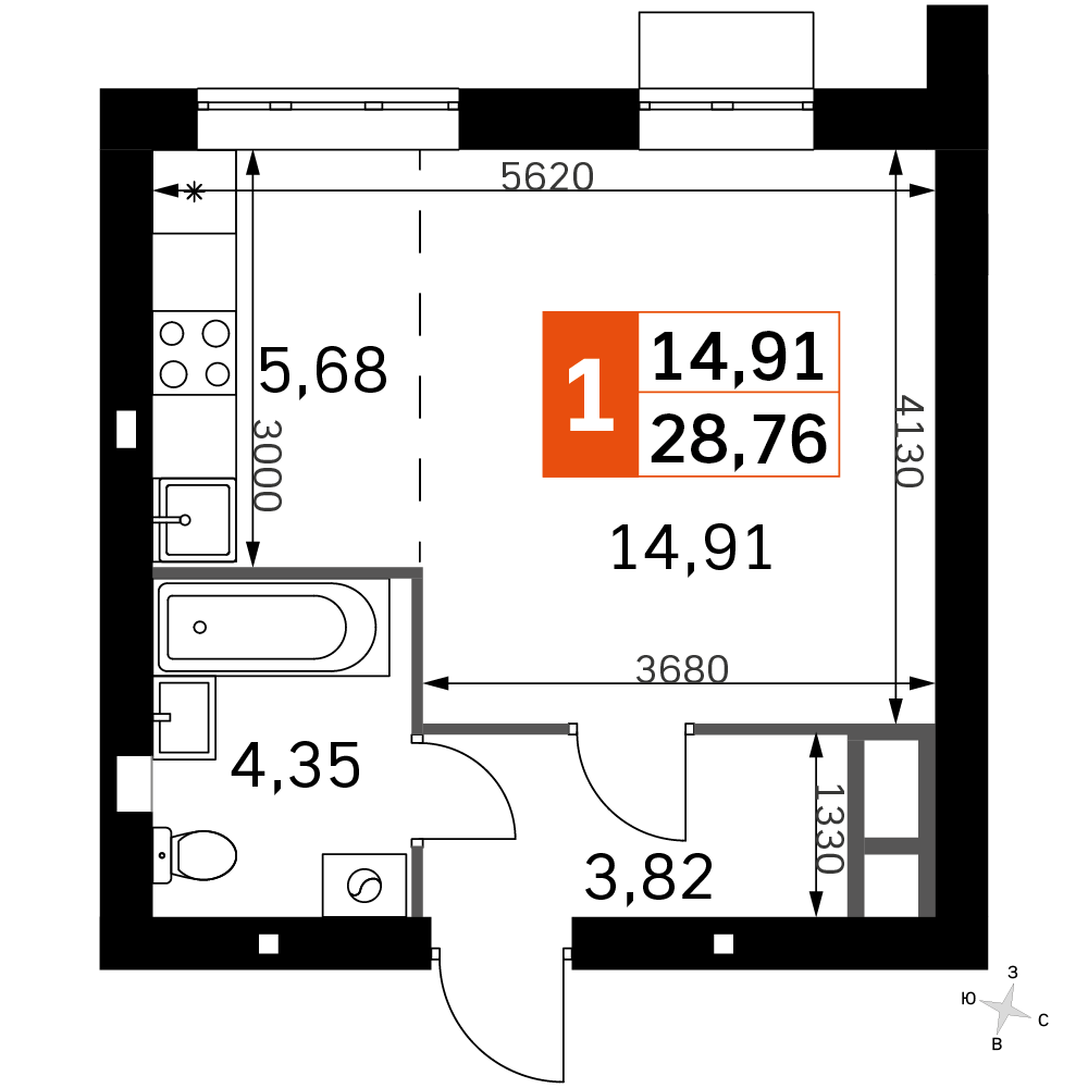 студия, 28.8 м², 3 этаж 