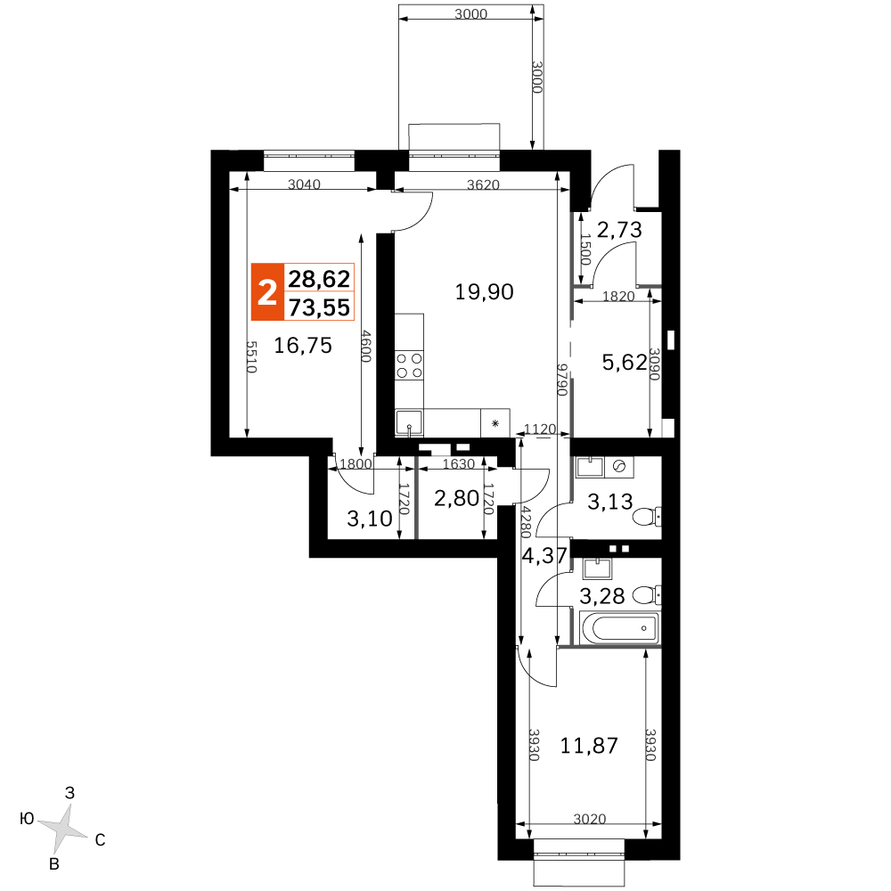 2 комн. квартира, 73.5 м², 1 этаж 