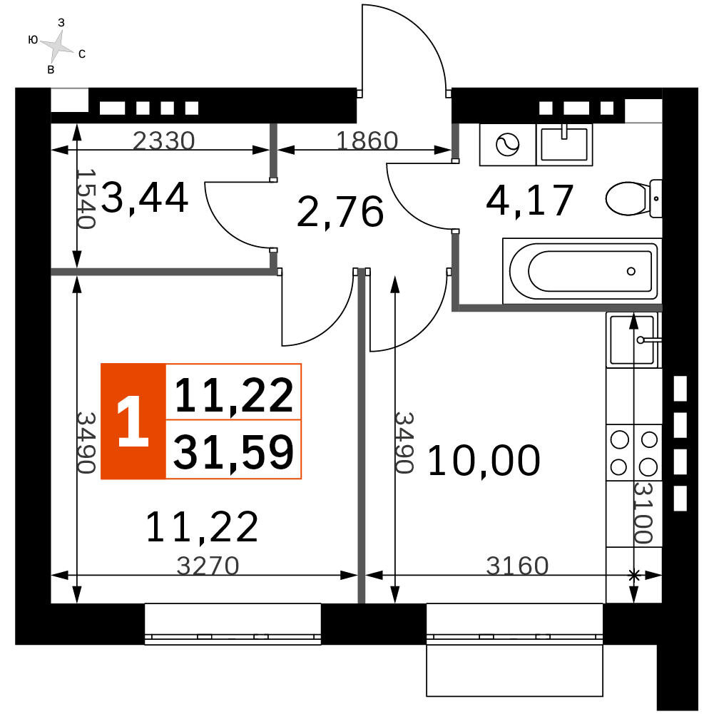 1 комн. квартира, 31.6 м², 4 этаж 