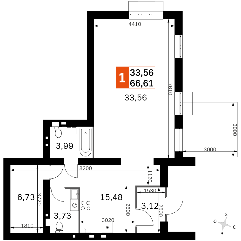 2 комн. квартира, 66.6 м², 1 этаж 