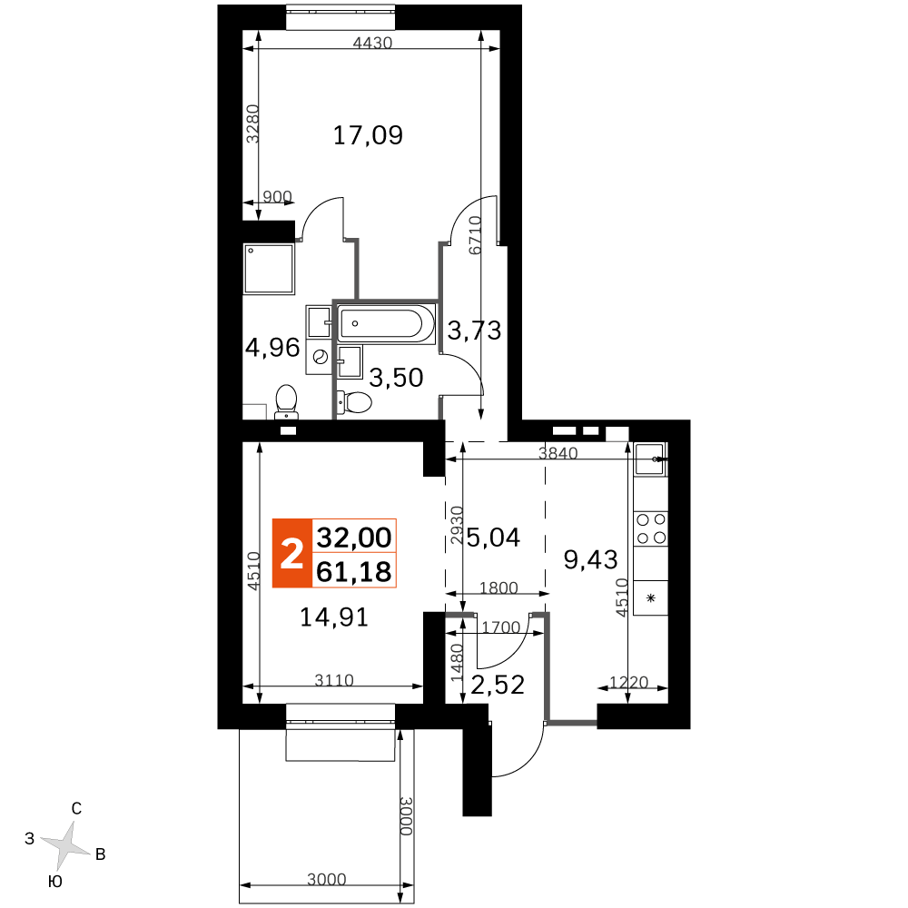 2 комн. квартира, 61.2 м², 1 этаж 