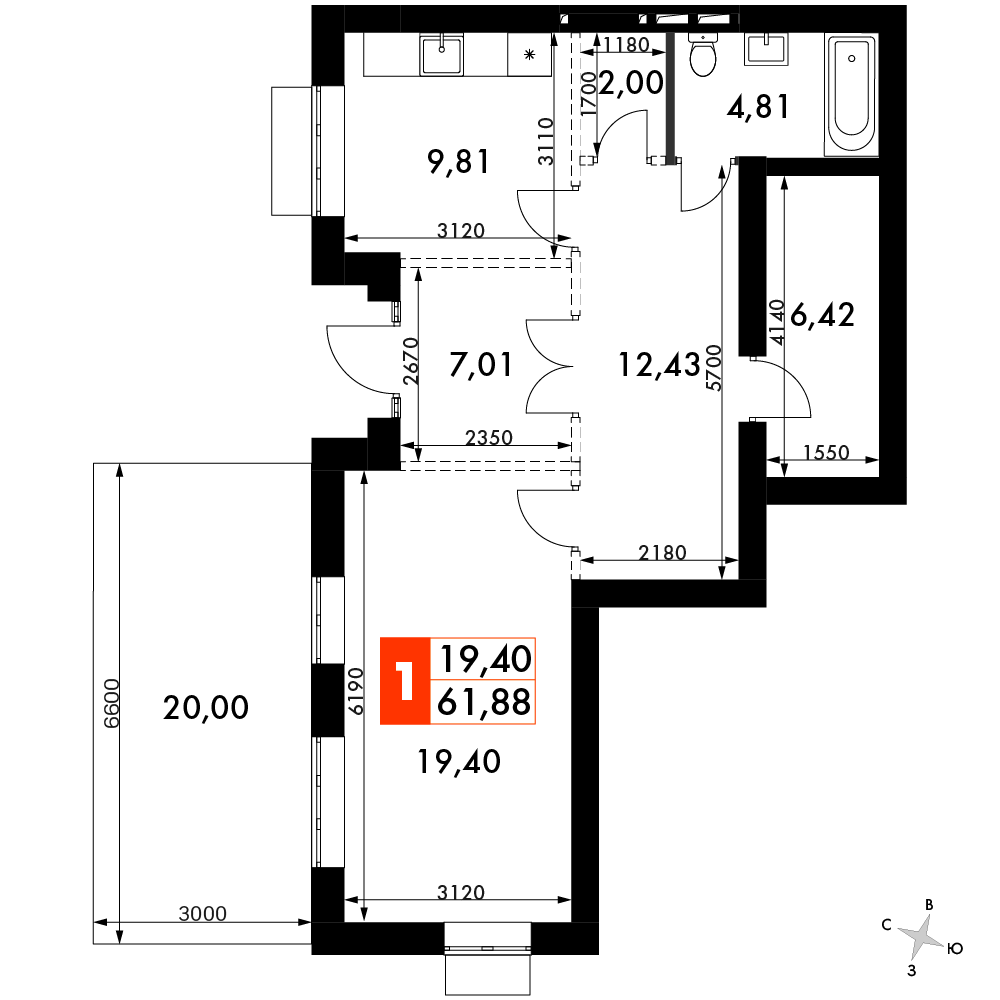 2 комн. квартира, 66.8 м², 1 этаж 