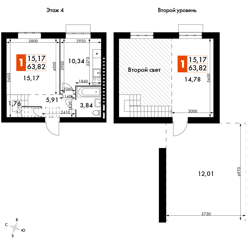 2 комн. квартира, 63.6 м², 4 этаж 