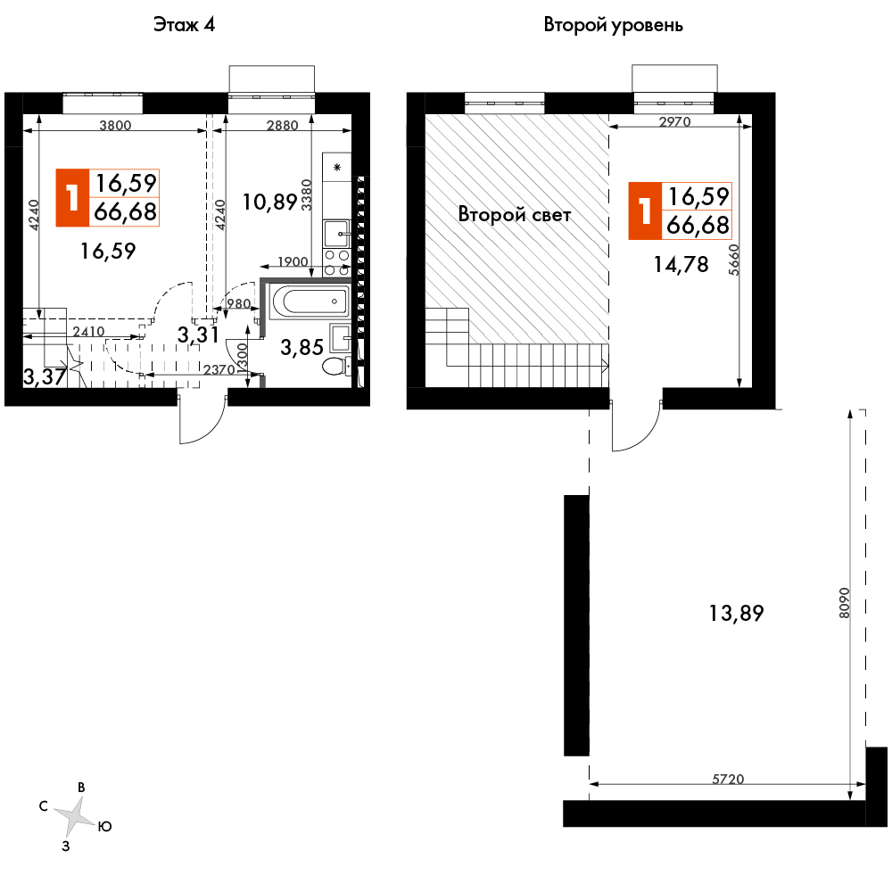2 комн. квартира, 66.8 м², 4 этаж 