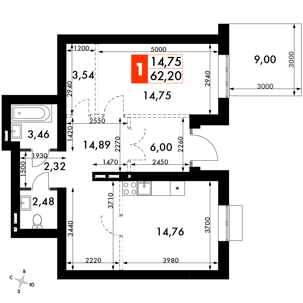 2 комн. квартира, 63.9 м², 1 этаж 