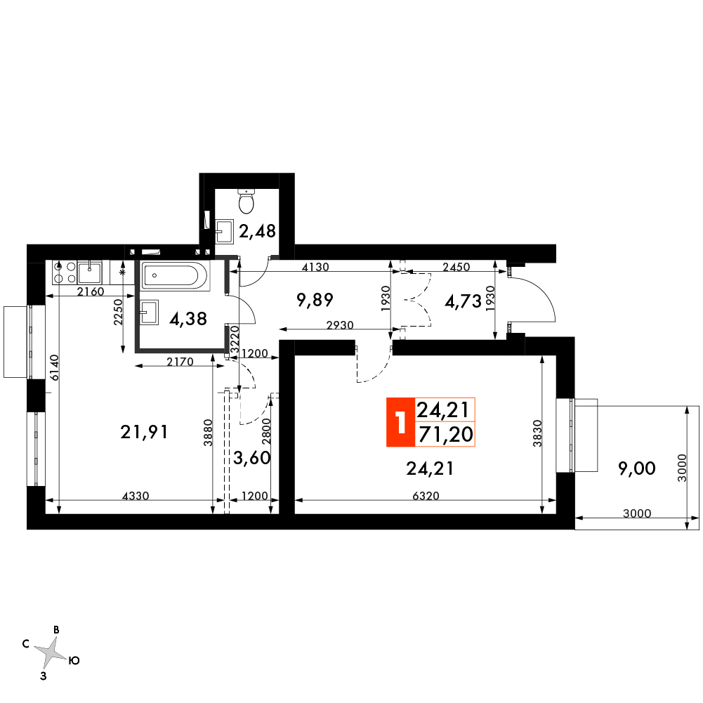 2 комн. квартира, 73.1 м², 1 этаж 