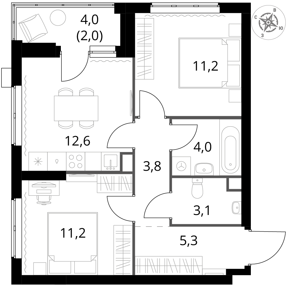 2 комн. квартира, 53.2 м², 2 этаж 