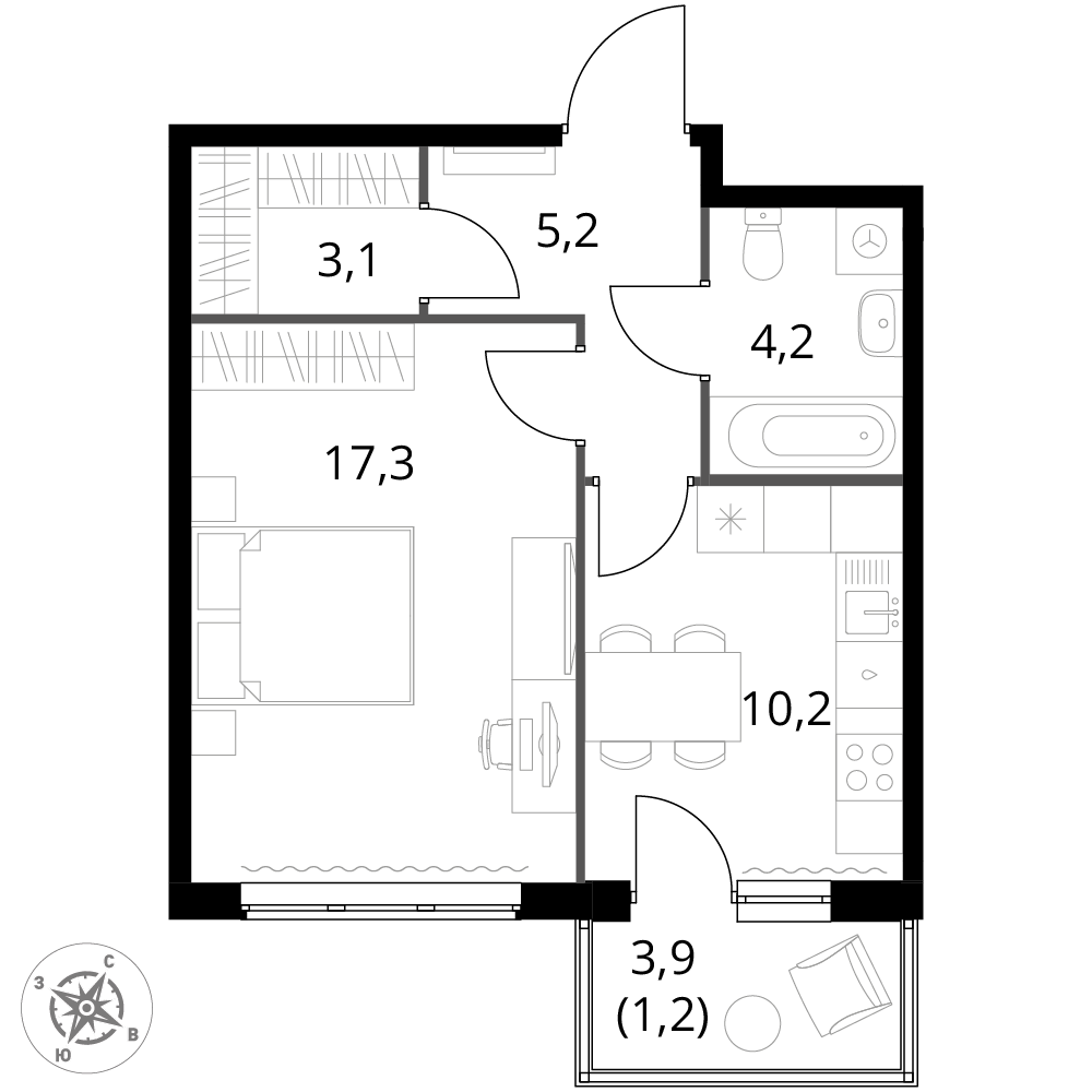 1 комн. квартира, 41.2 м², 2 этаж 