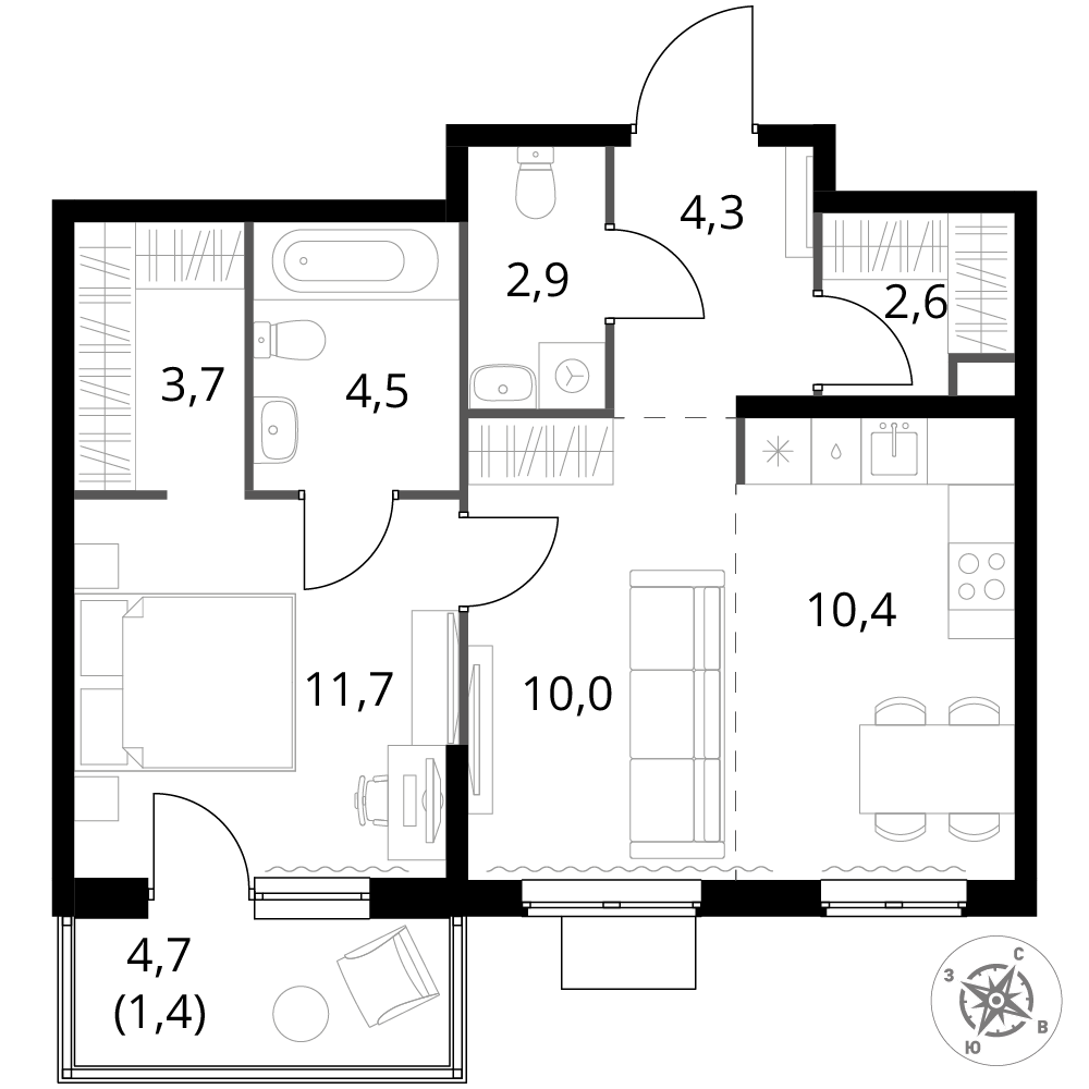 2 комн. квартира, 51.5 м², 8 этаж 