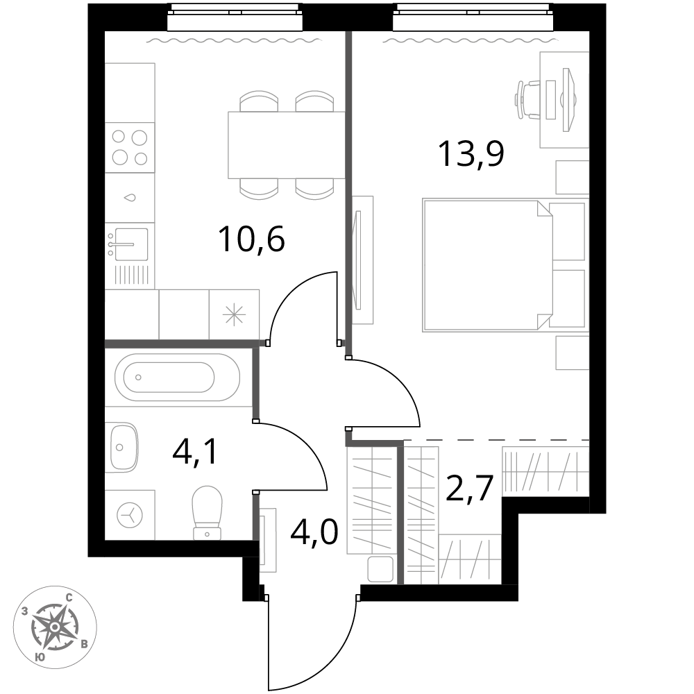 1 комн. квартира, 35.3 м², 2 этаж 