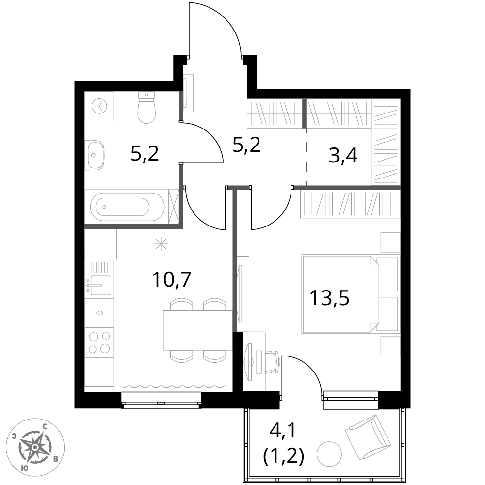 1 комн. квартира, 39.2 м², 4 этаж 