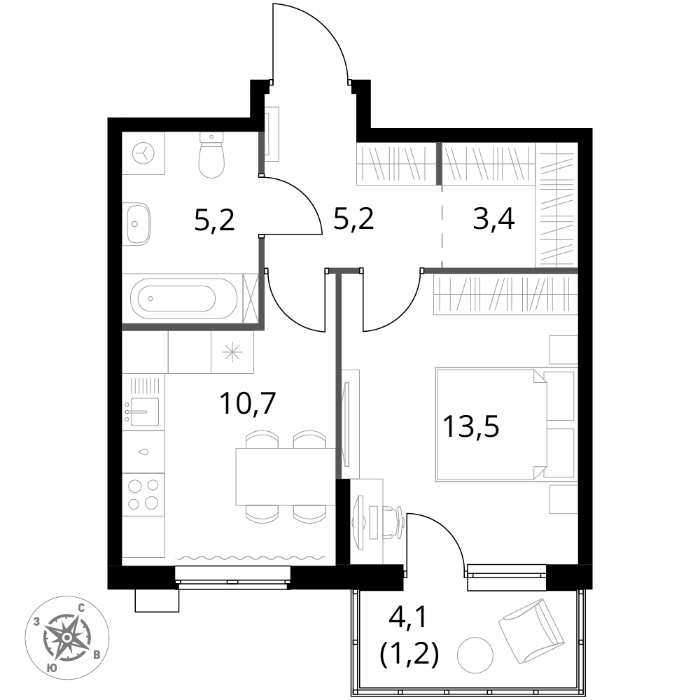 1 комн. квартира, 39.2 м², 12 этаж 