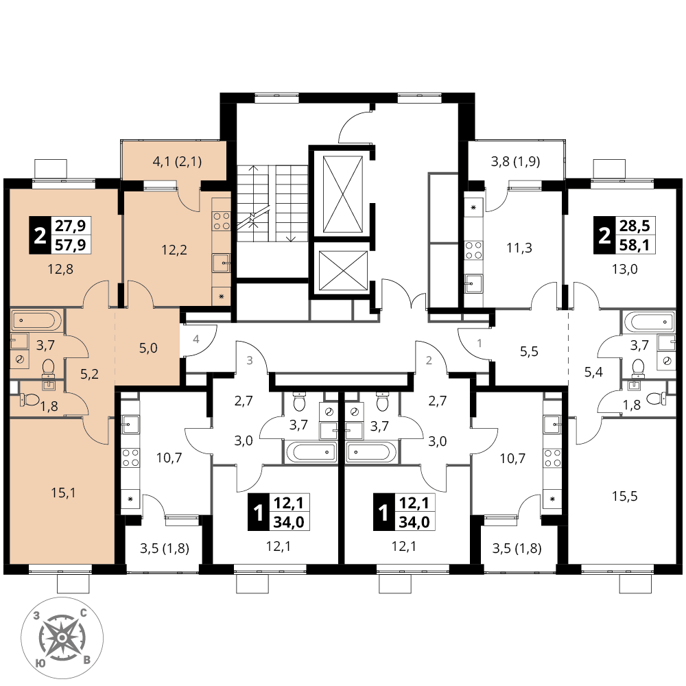 2 комн. квартира, 57.9 м², 5 этаж 