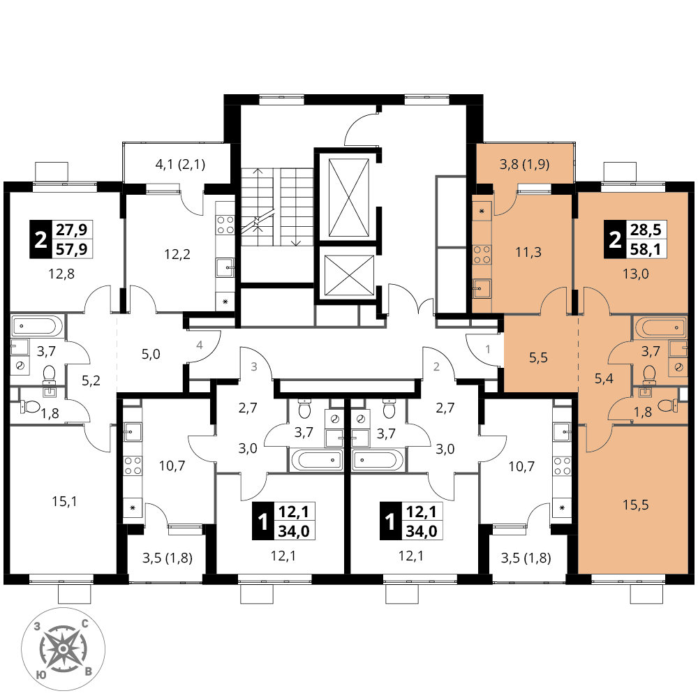 2 комн. квартира, 58.1 м², 9 этаж 
