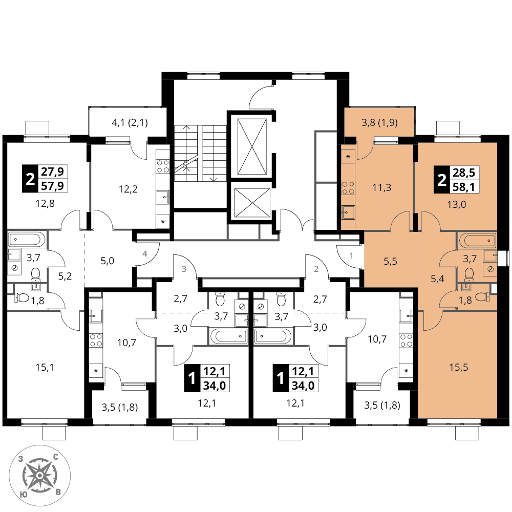 2 комн. квартира, 58.1 м², 13 этаж 