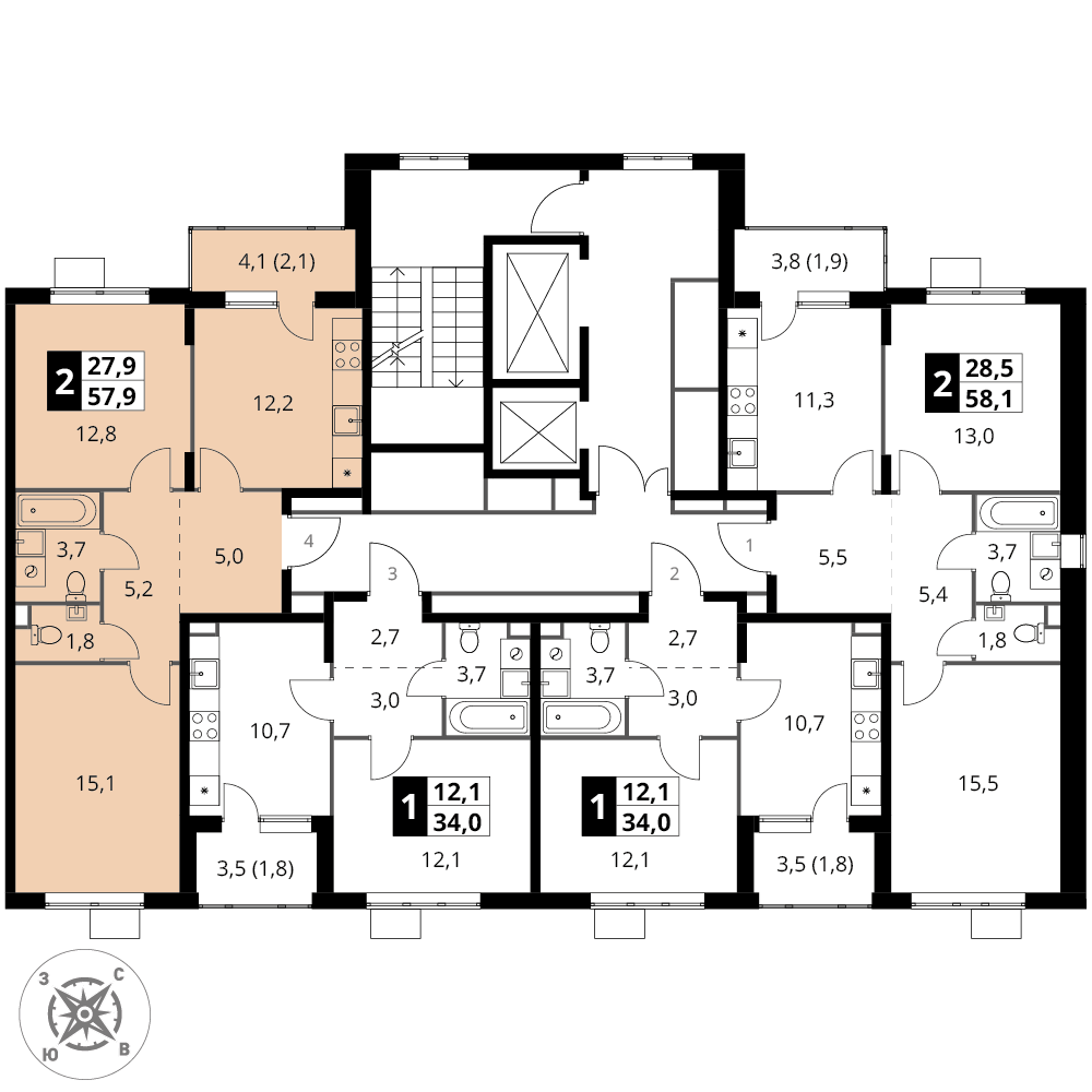 2 комн. квартира, 57.9 м², 15 этаж 