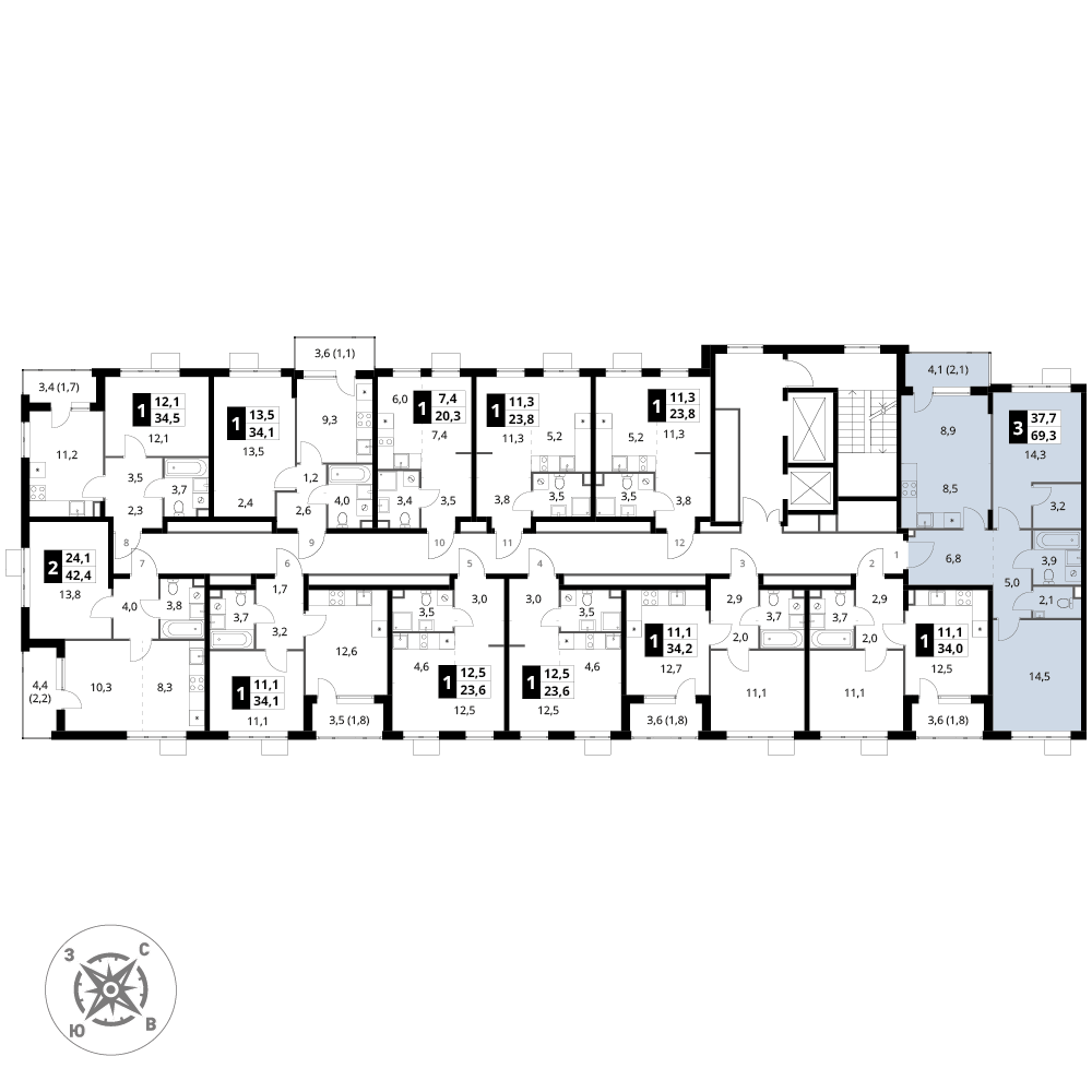 3 комн. квартира, 69.3 м², 3 этаж 