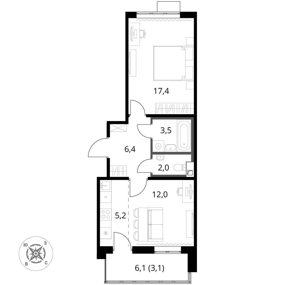 2 комн. квартира, 49.6 м², 14 этаж 