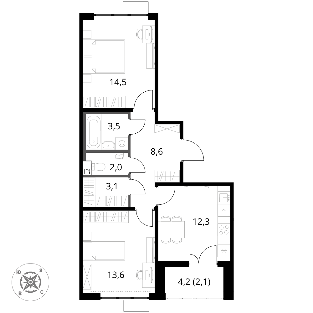 2 комн. квартира, 59.7 м², 9 этаж 
