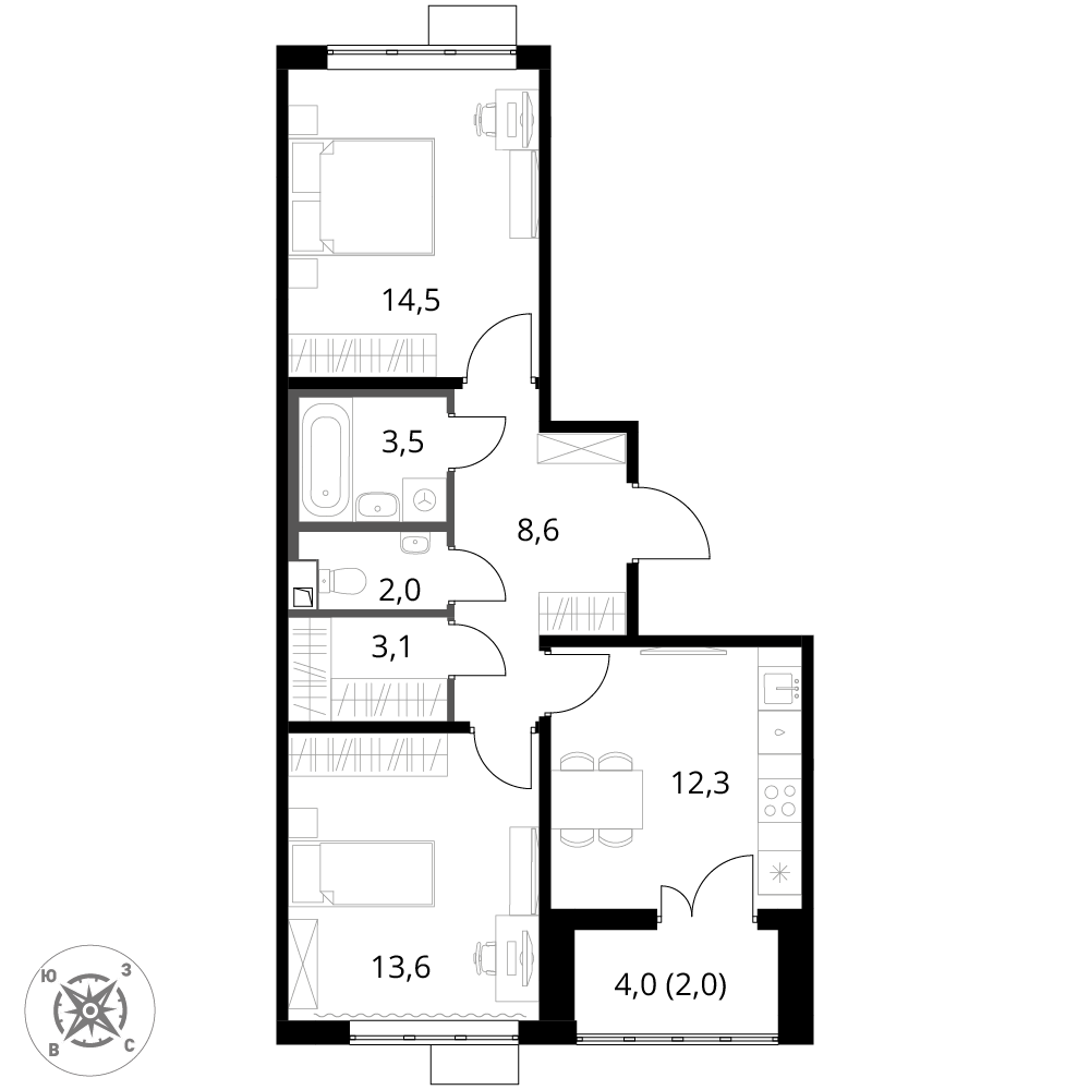 2 комн. квартира, 59.6 м², 14 этаж 
