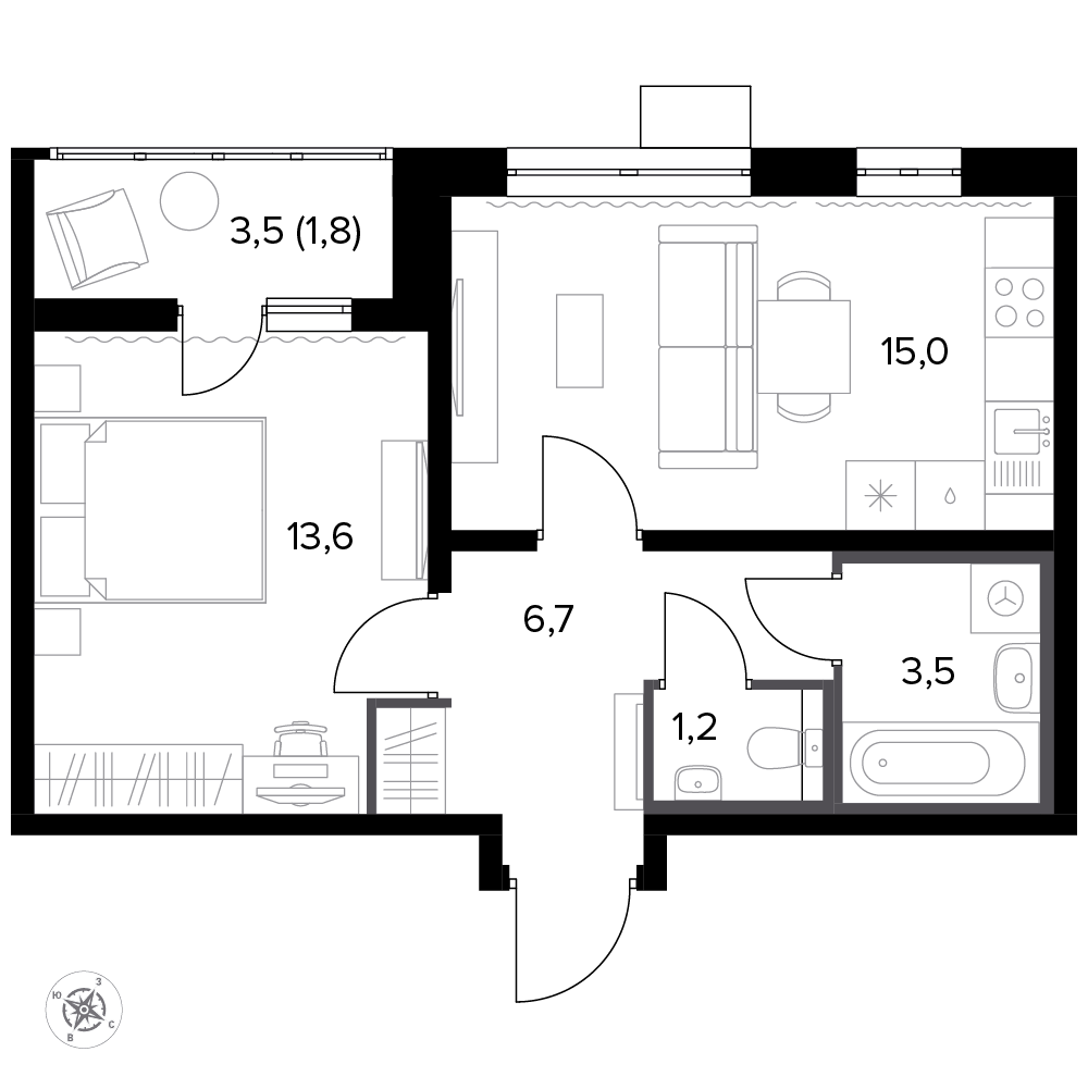 1 комн. квартира, 38 м², 10 этаж 