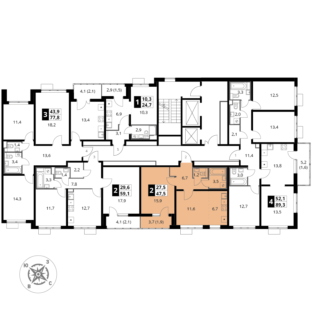 2 комн. квартира, 47.5 м², 21 этаж 