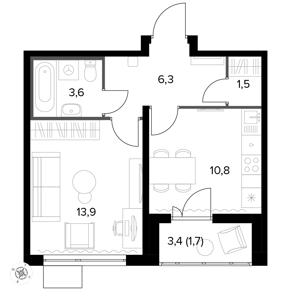 1 комн. квартира, 37.4 м², 3 этаж 